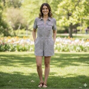 Rare Vtg 1980s Retro Optical Print Button Down Romper M Dark Academia Boho Chic